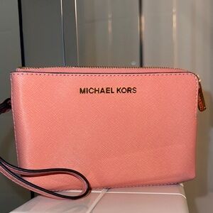 Michael Kors Coral Pink Saffiano Wristlet with Gold Logo